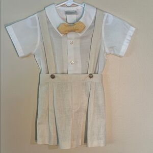 Vintage Kids Beige Suspender Outfit with Bow Tie. It's Classic!